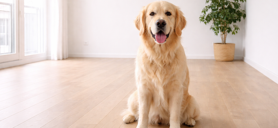 Счастливая собака в светлой квартире