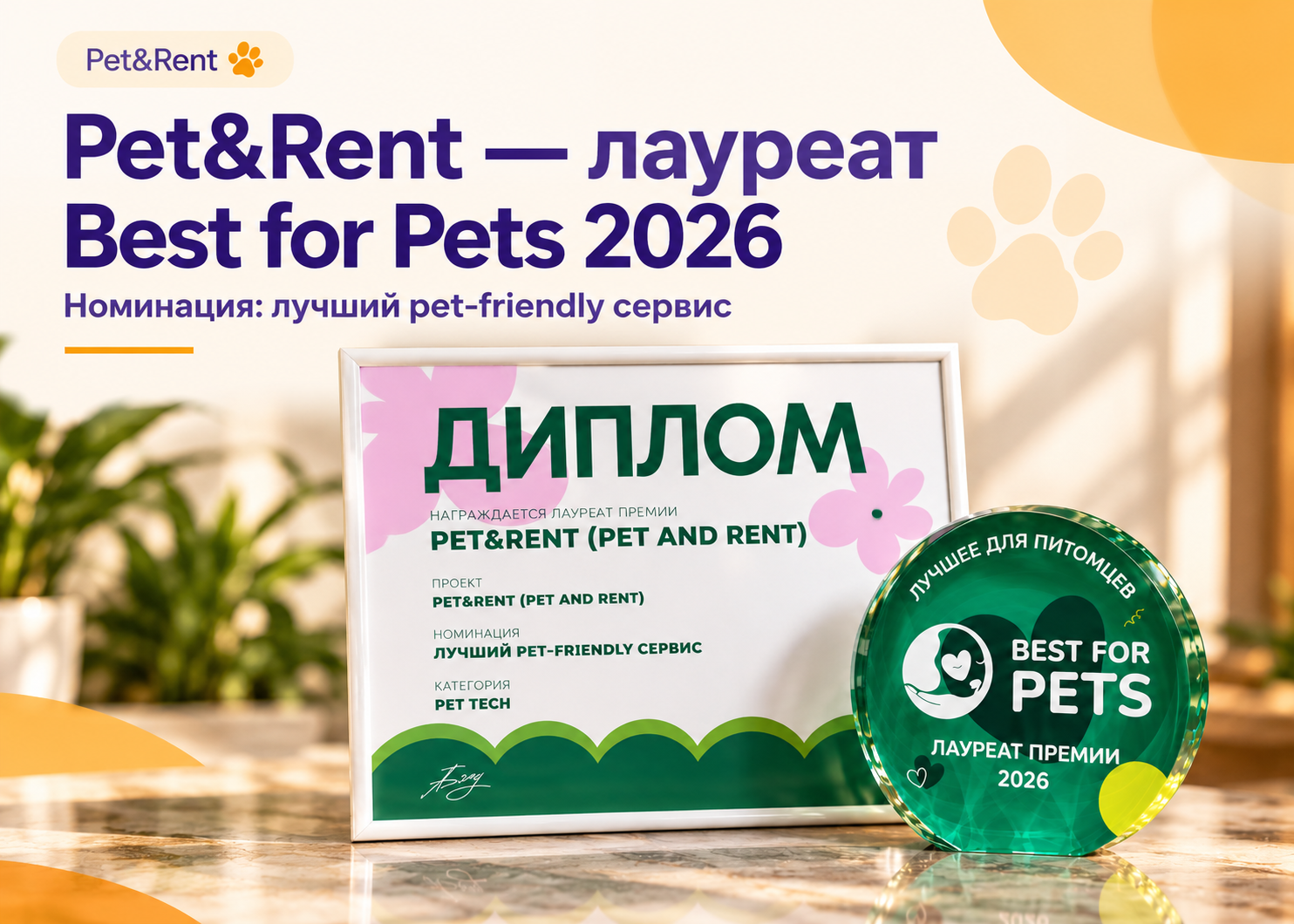 Диплом и награда Pet&Rent — Best for Pets 2026, лучший pet-friendly сервис